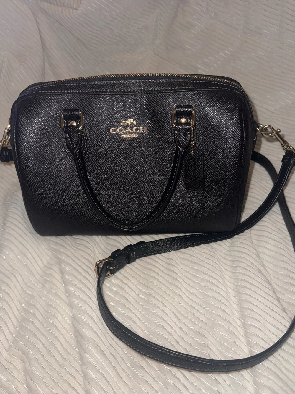 Coach Black Pebbled Leather Rowan Satchel with Crossbody Strap